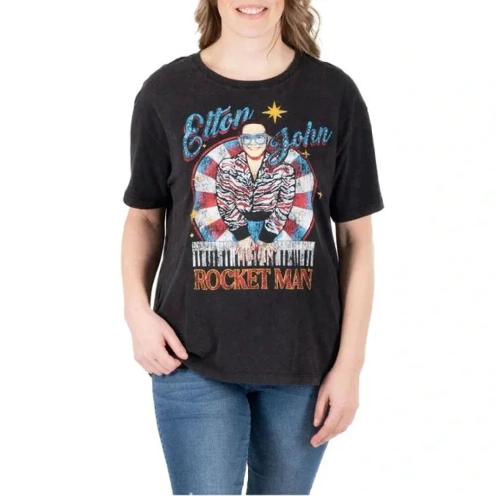 Elton John Rocket Man Graphic T-Shirt Licensed Band Tee Black Size Medium NWT